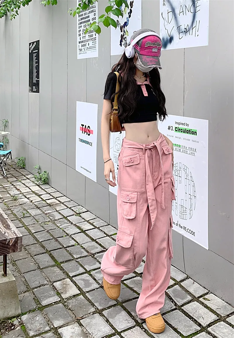 Street Pink Green Black Cream Denim Loose High Waist Pants