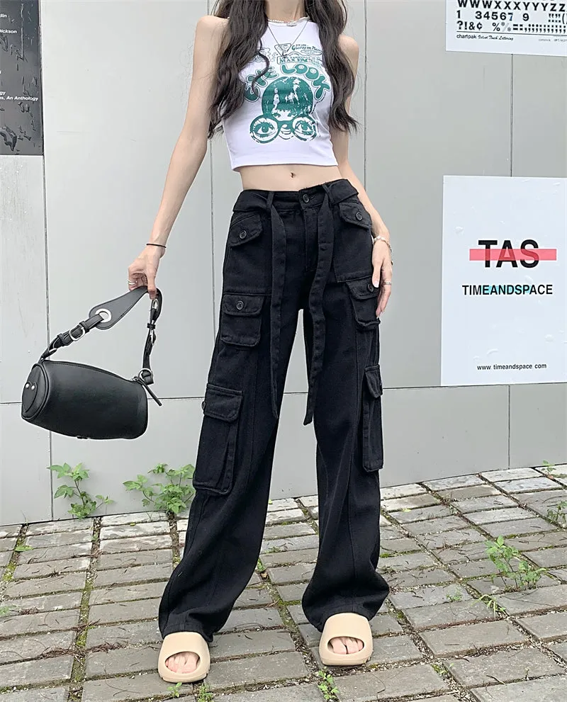Street Pink Green Black Cream Denim Loose High Waist Pants