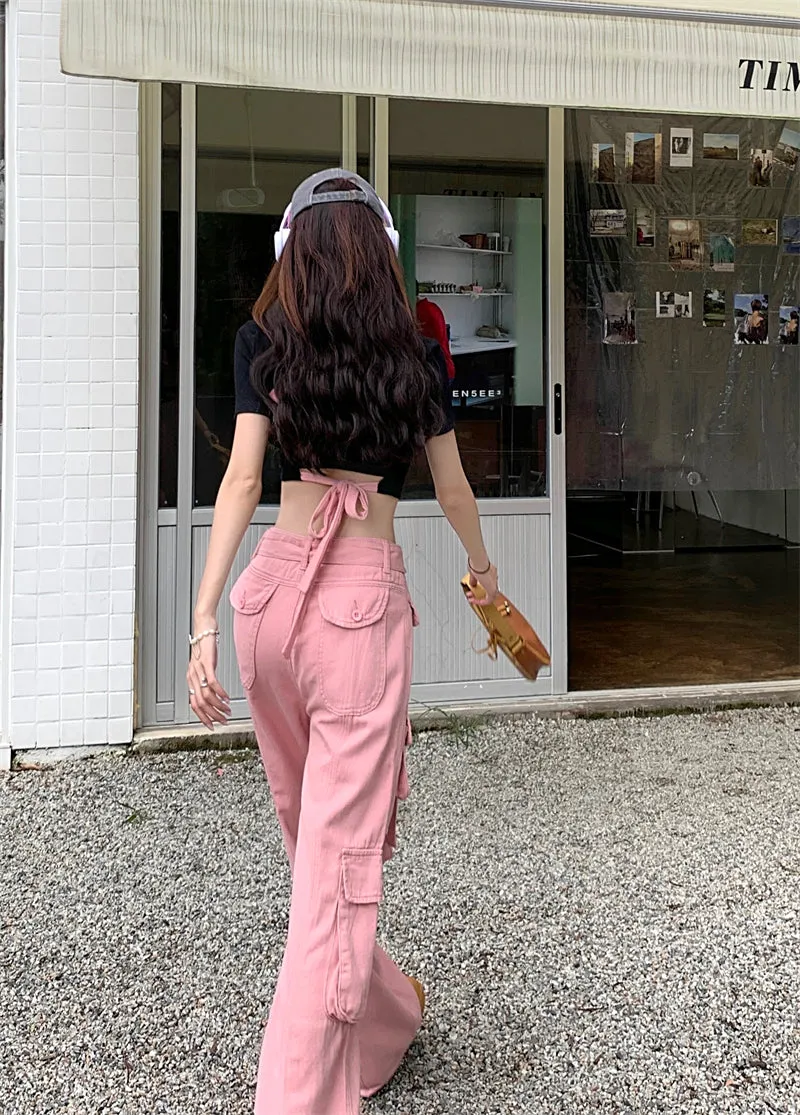 Street Pink Green Black Cream Denim Loose High Waist Pants