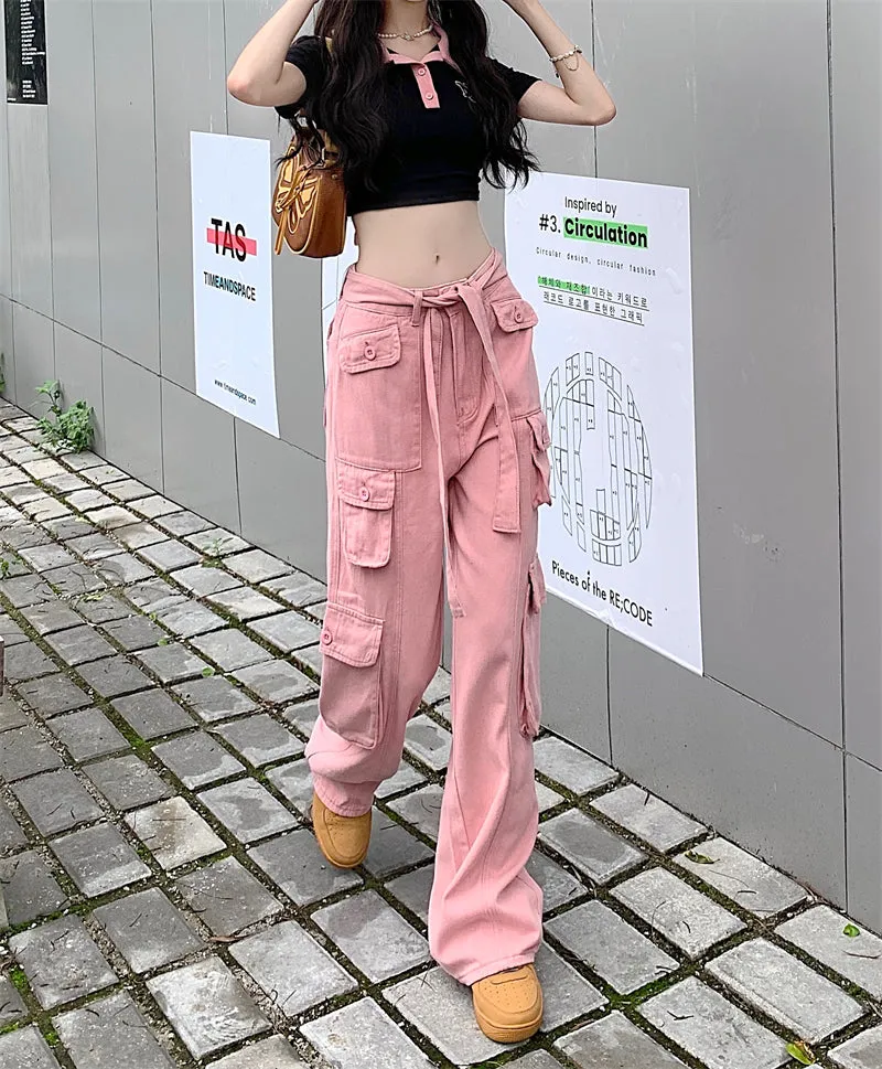 Street Pink Green Black Cream Denim Loose High Waist Pants