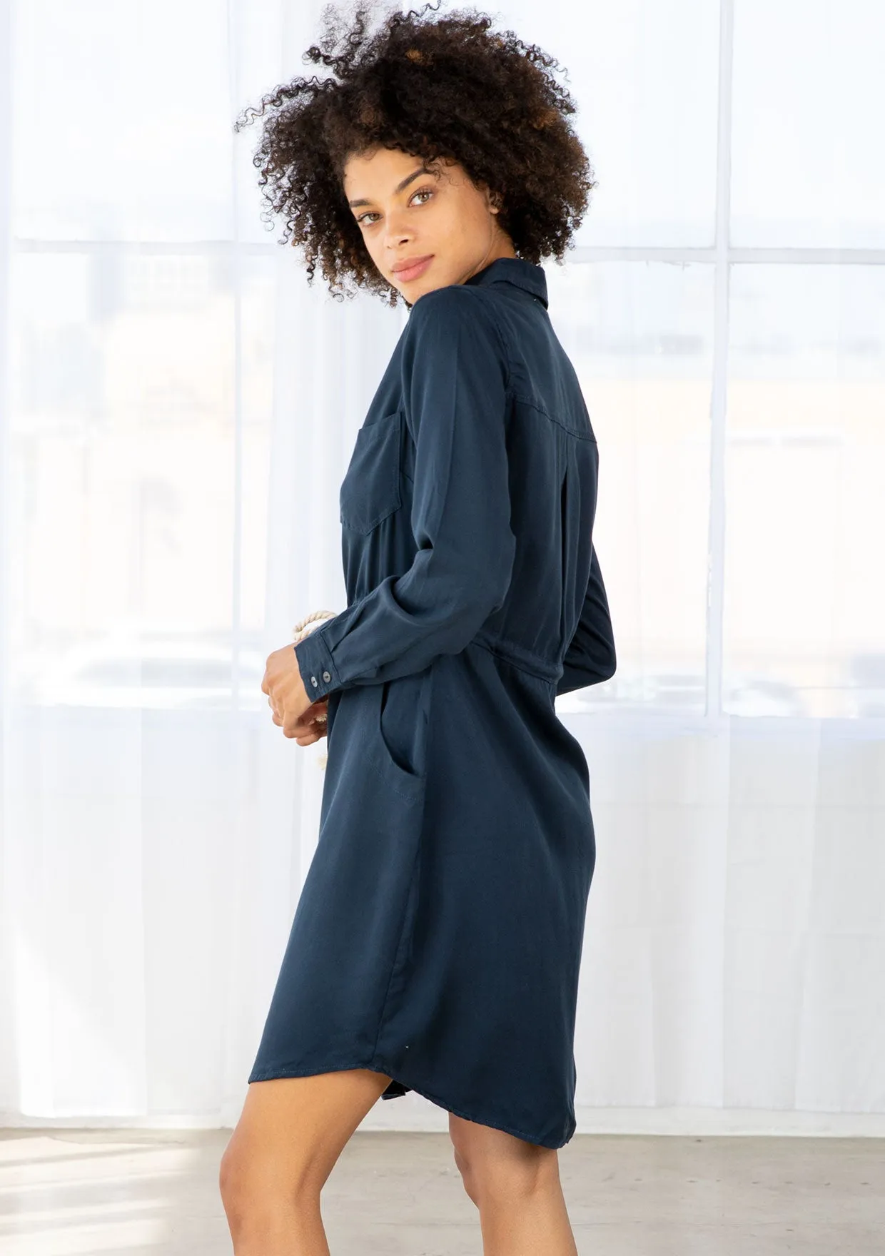 Tencel Button Up Collared Shirt Dress