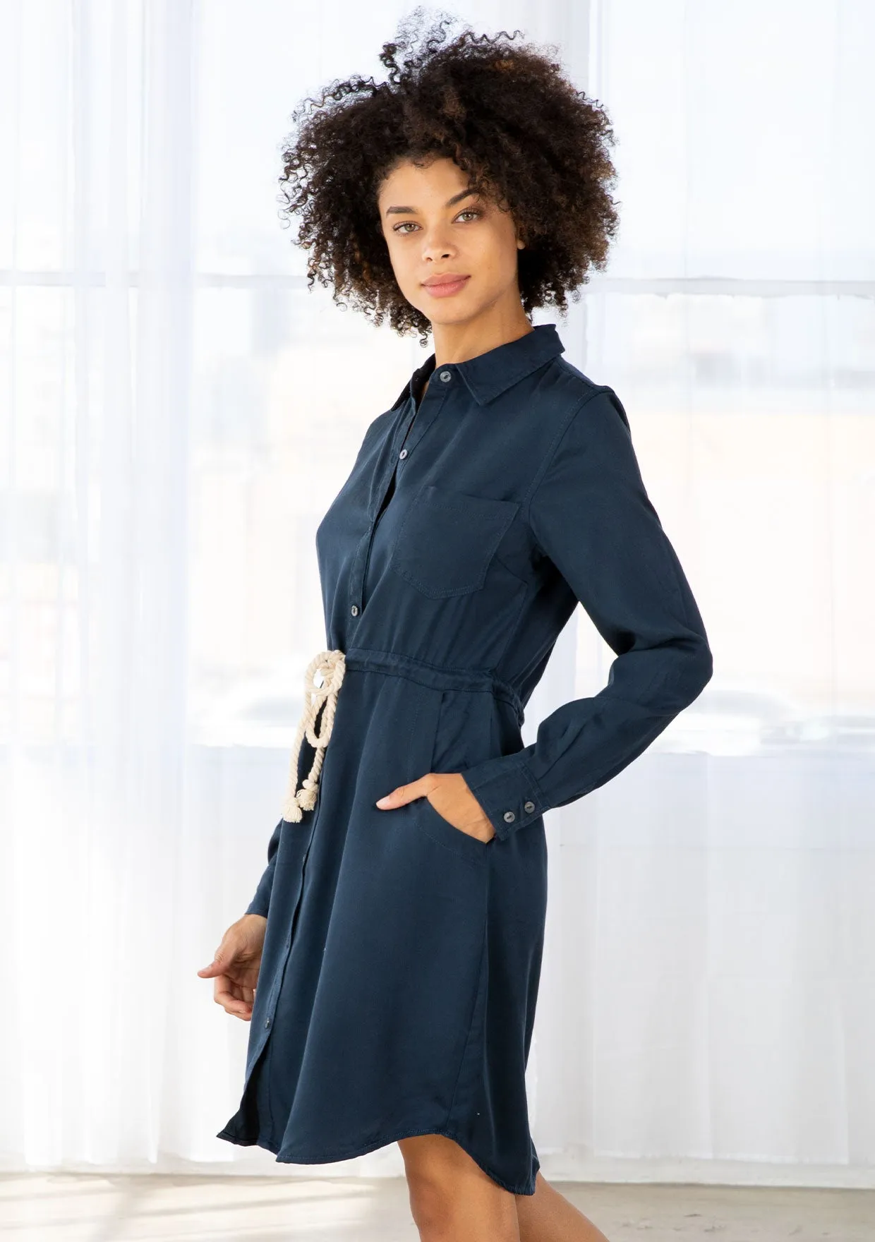 Tencel Button Up Collared Shirt Dress