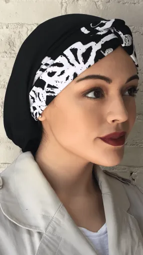 Tichel Black and White Stretchy Chic Snood Turban Hijab For Muslim Jewish Christian Women