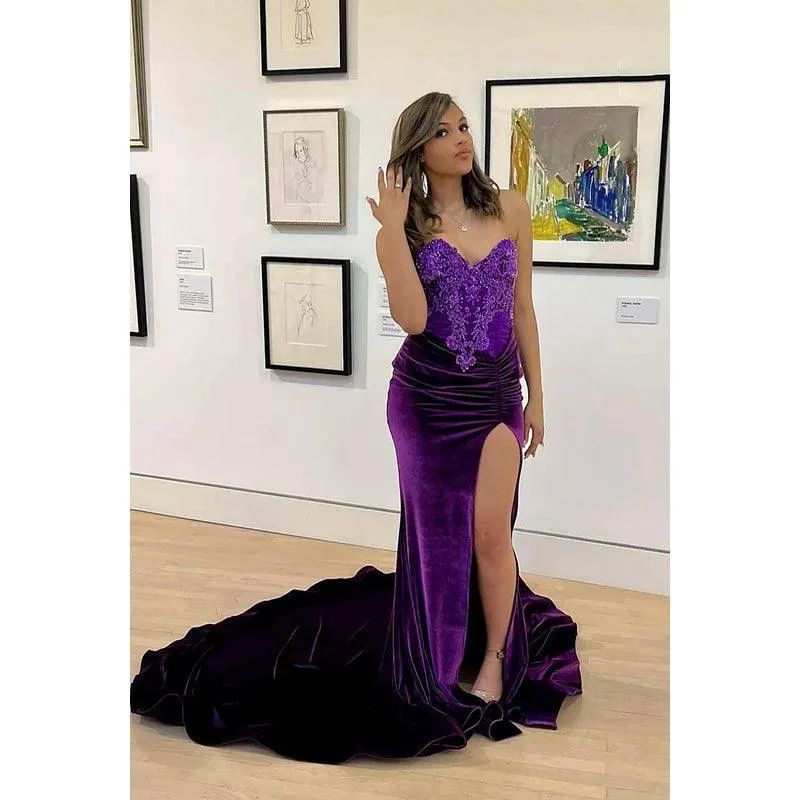 Trumpet/Mermaid Ornate V-Neck Sleeveless Side Slit Applique Evening Prom Dress
