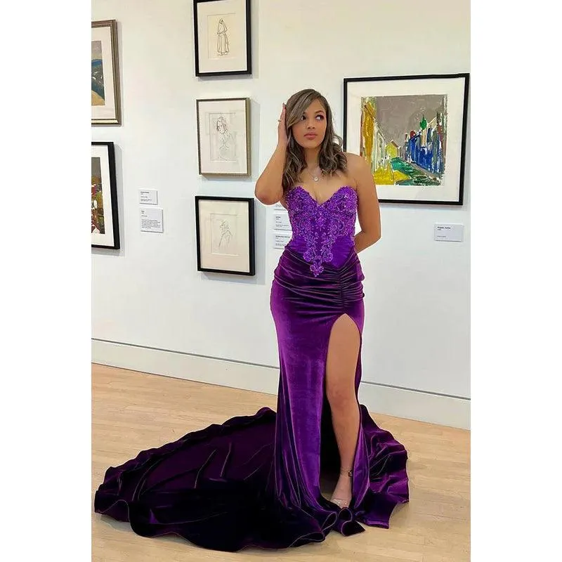 Trumpet/Mermaid Ornate V-Neck Sleeveless Side Slit Applique Evening Prom Dress