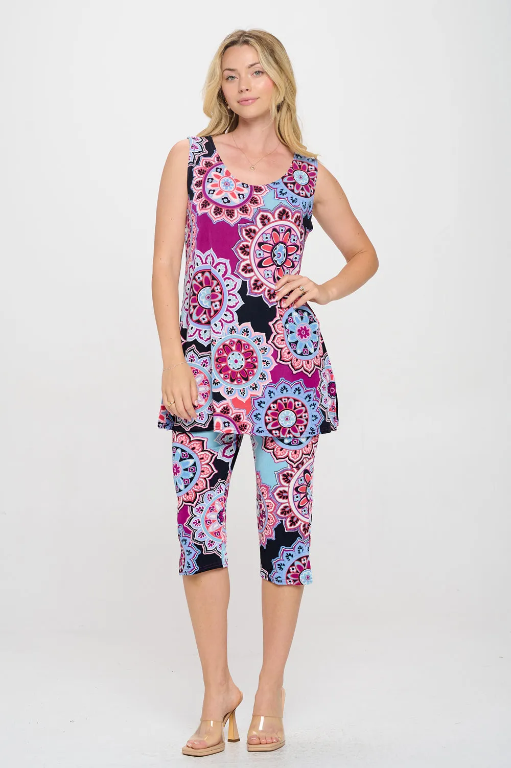 Two-Piece Sleeveless Top & Capri Pant Set-9002BN-TRP1-W439