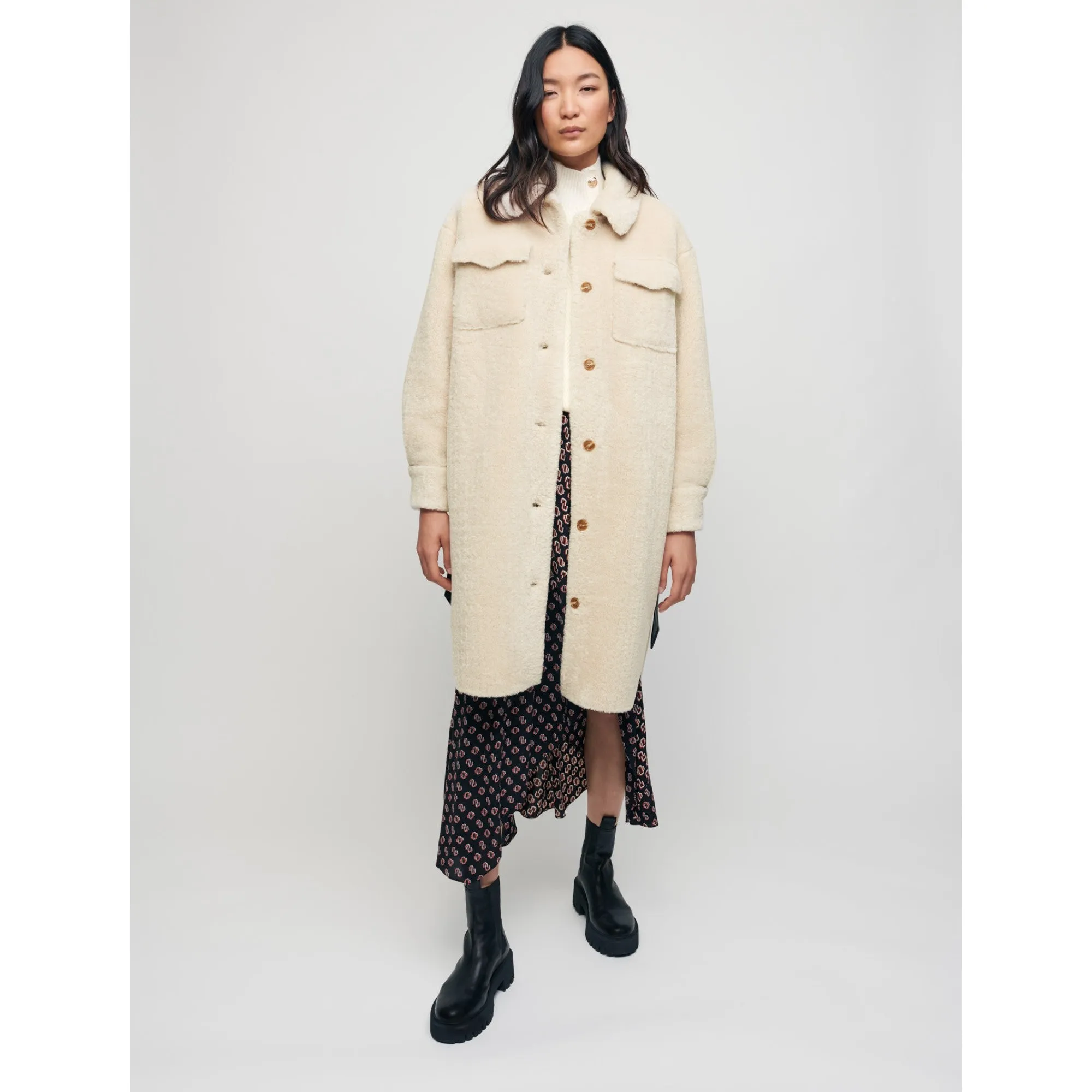 Women Long Fur-Effect Overshirt - Ecru