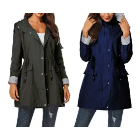 Women waterproof winbreaker long sleeve zipper button hooded coat