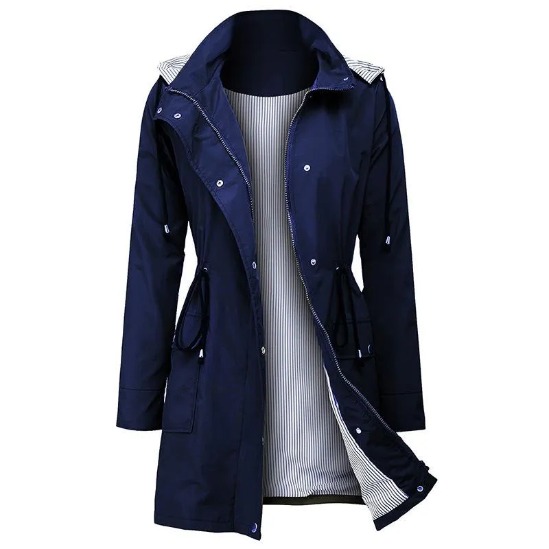 Women waterproof winbreaker long sleeve zipper button hooded coat