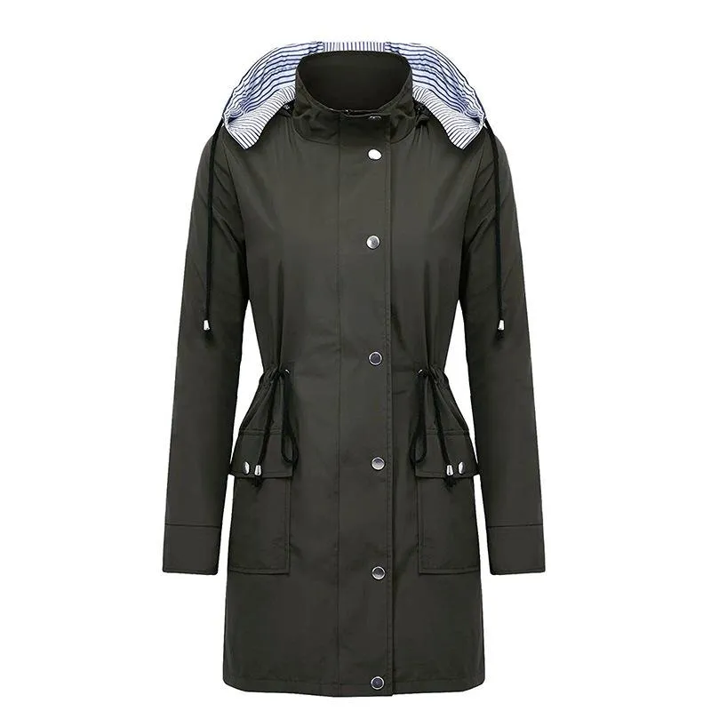 Women waterproof winbreaker long sleeve zipper button hooded coat