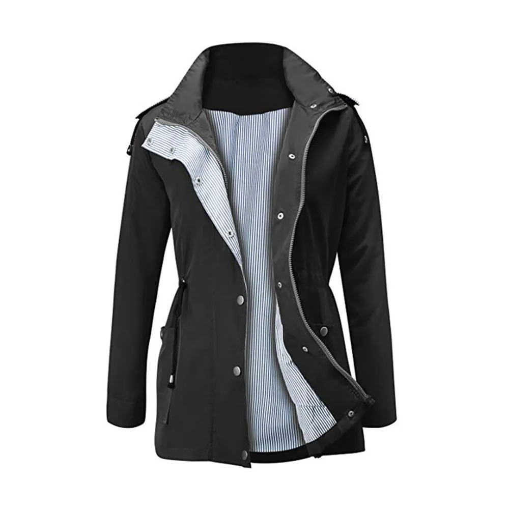 Women waterproof winbreaker long sleeve zipper button hooded coat