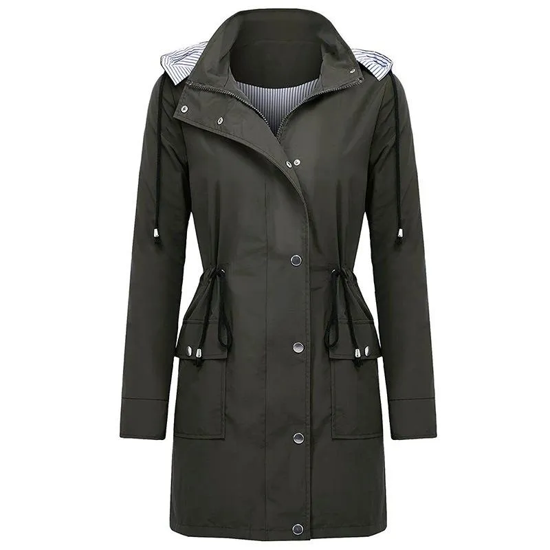 Women waterproof winbreaker long sleeve zipper button hooded coat