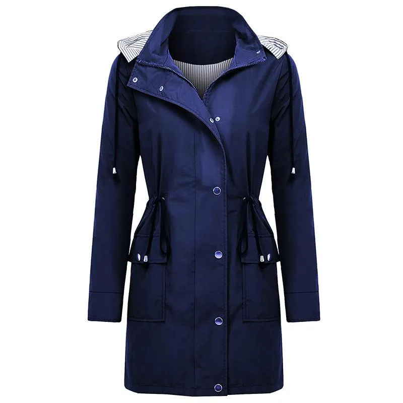 Women waterproof winbreaker long sleeve zipper button hooded coat