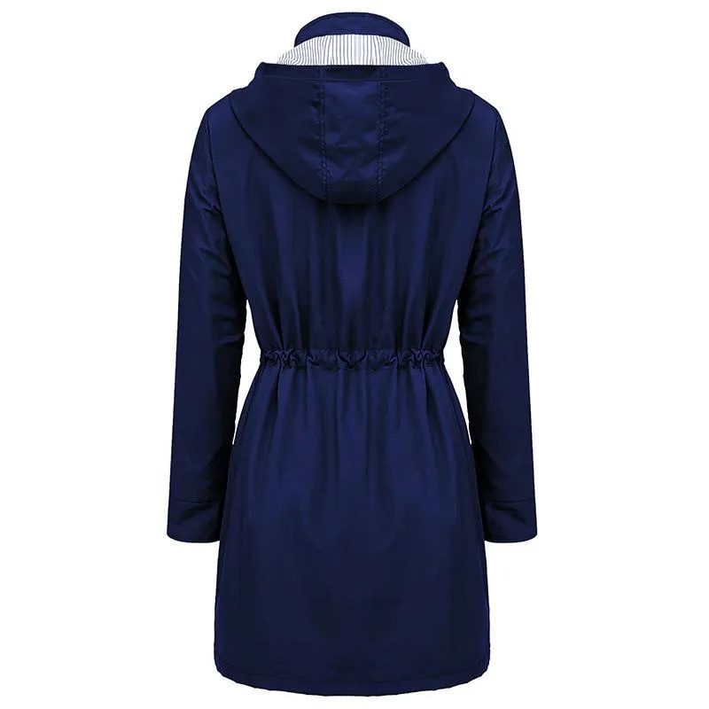 Women waterproof winbreaker long sleeve zipper button hooded coat