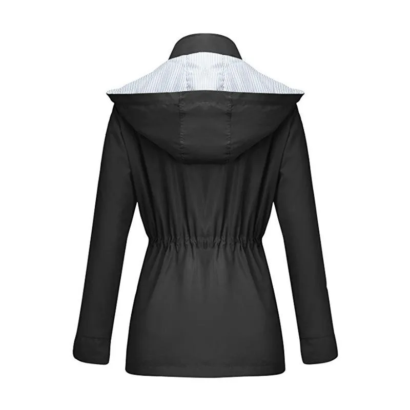 Women waterproof winbreaker long sleeve zipper button hooded coat