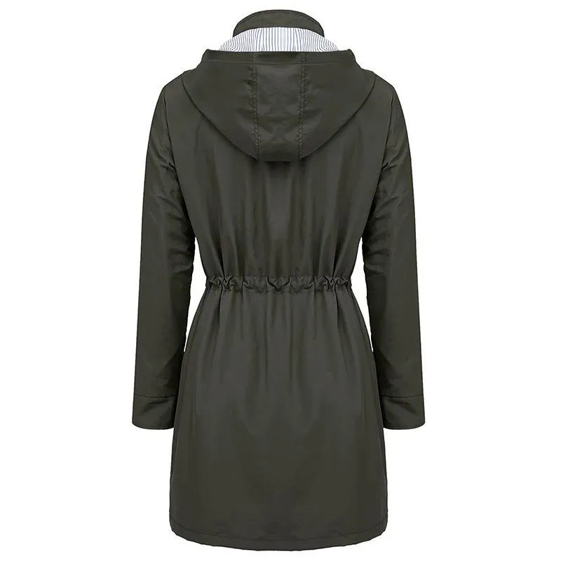 Women waterproof winbreaker long sleeve zipper button hooded coat