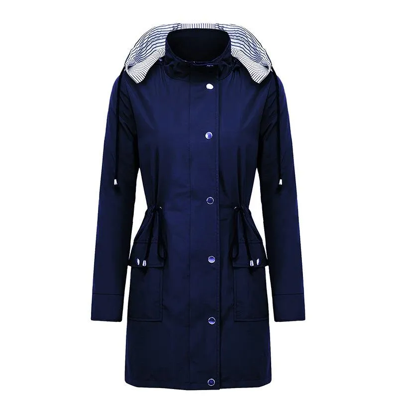 Women waterproof winbreaker long sleeve zipper button hooded coat