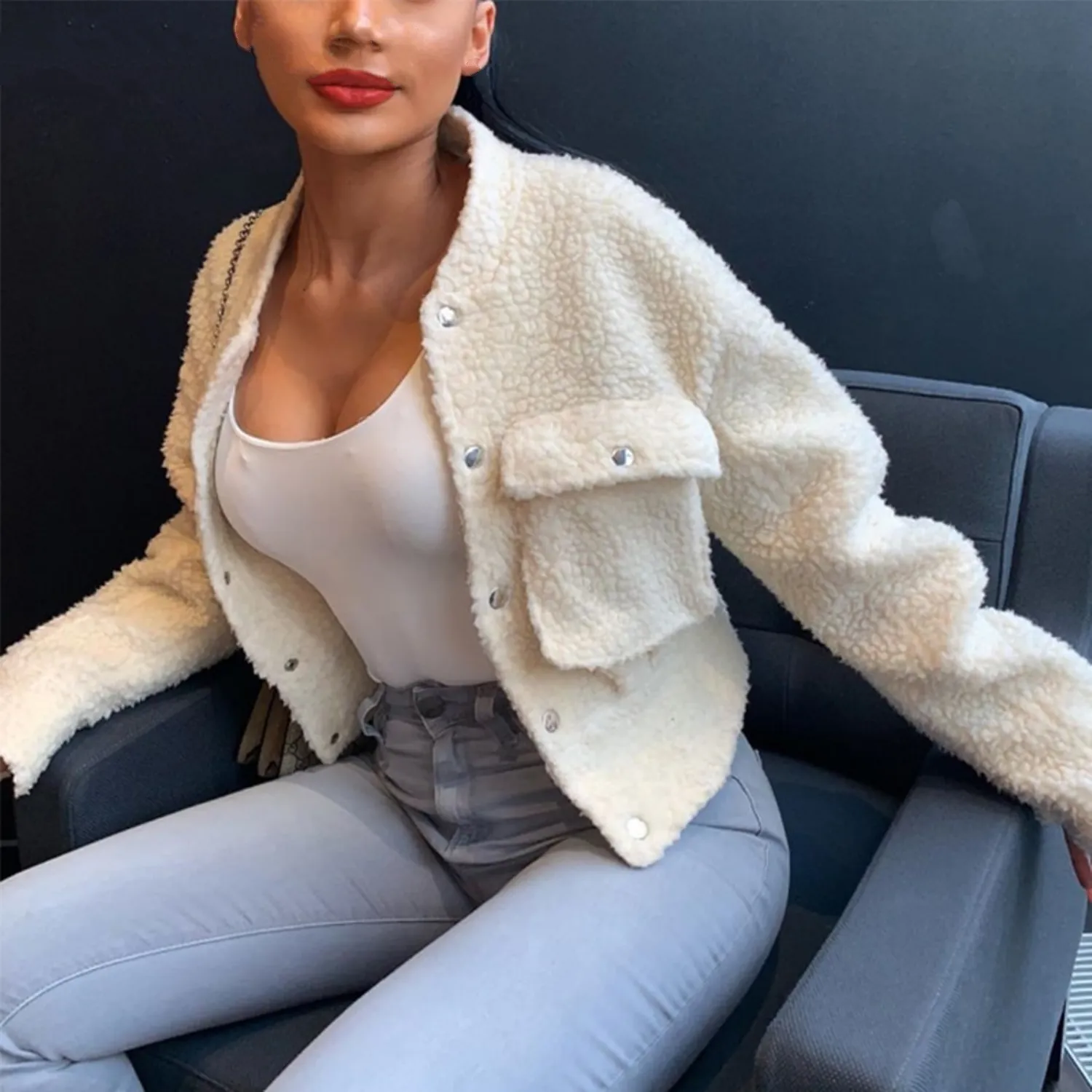 Women's Autumn Faux Fur Warm Jacket With Pockets