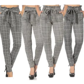 Women's High Waisted Pants Plaid Paper Bag Waist Side Pockets Waist Tie Bottoms