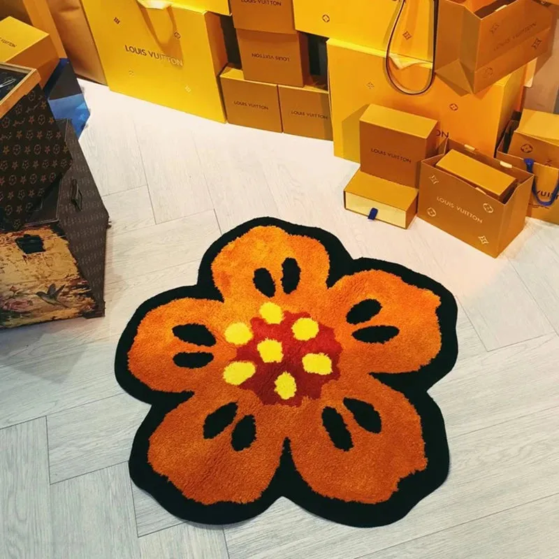 Yeknu Chic Tufting Floral Living Room Carpet Bright Begonia Bedroom Rug Area Floor Pad Anti Slip Mat Doormat Aesthetic Home Decor