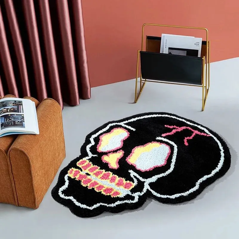 Yeknu Cool Black Tufting Skull Living Room Carpet Soft Chic Rug Bedroom Bedside Mat Door Floor Anti Slip Pad Aesthetic Home Decor