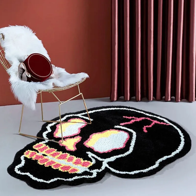 Yeknu Cool Black Tufting Skull Living Room Carpet Soft Chic Rug Bedroom Bedside Mat Door Floor Anti Slip Pad Aesthetic Home Decor