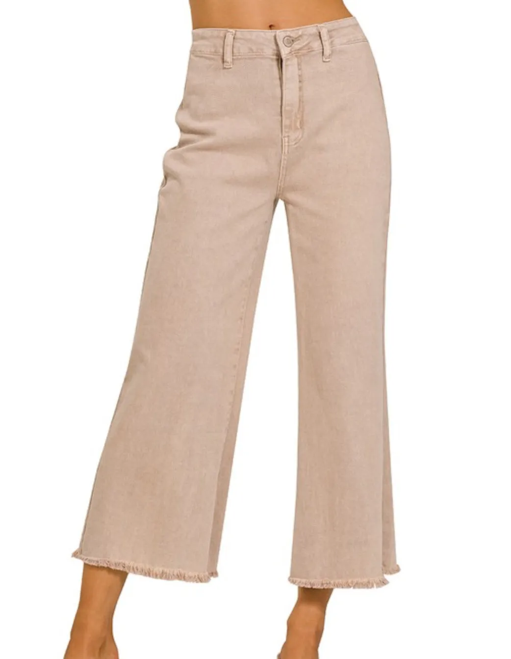 Zenana Kenzie Acid Washed Straight Denim Pants/Jeans-Flared, Frayed Hem-Lt Camel